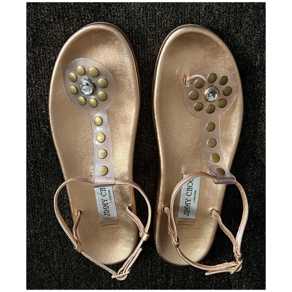 Jimmy Choo  Metallic Rose Gold  Thong Sandals with Rhinestone/Gold Studs Size 7 - Picture 7 of 13